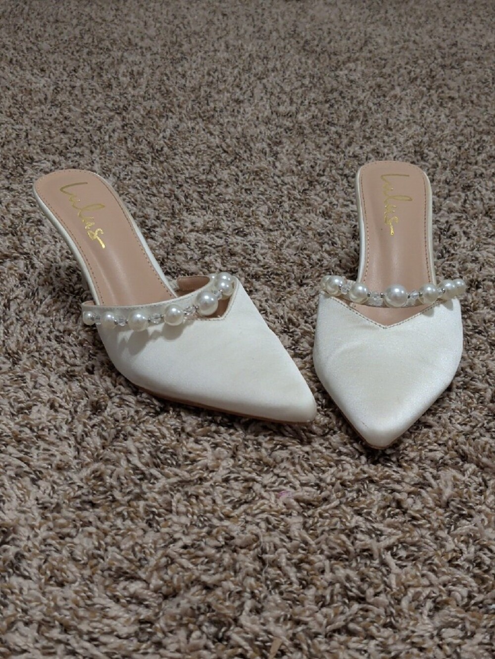 Lulu's Daryll white satin pearl embellished pointed toe mule pumps wedding - Picture 7 of 12